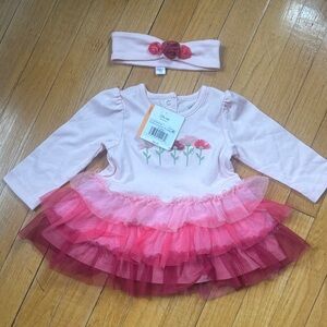 Little Me Pink Layered Tulle Tutu Dress with Floral Embroidery & Headband
